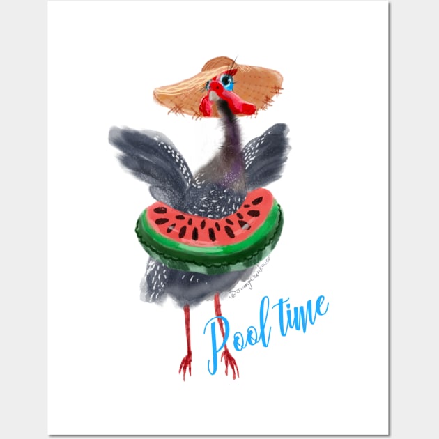 Pool time, cute guinea fowl in watermelon swimming circle and hat Wall Art by Orangerinka